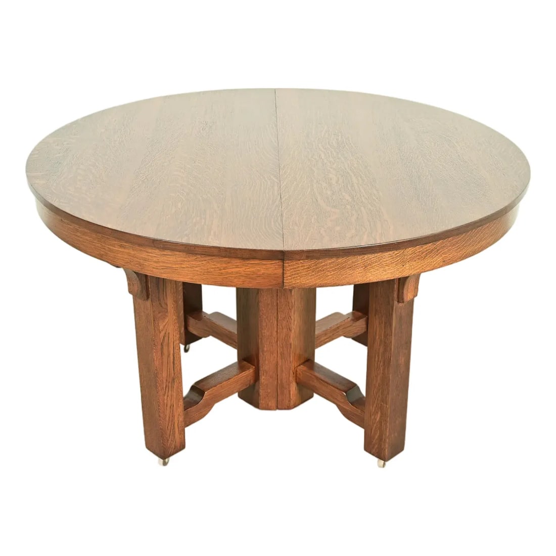 Stickley Brothers Style Antique Mission Oak Arts & Crafts Extension Dining Table, Newly Refinished: A gorgeous antique Mission or Arts & Crafts quarter sawn oak extension dining table In the manner of Stickley Brothers USA, Circa 1900 Measures: 48"W x 48"D x 29.25"H. Extends up to 96"W with four 12"