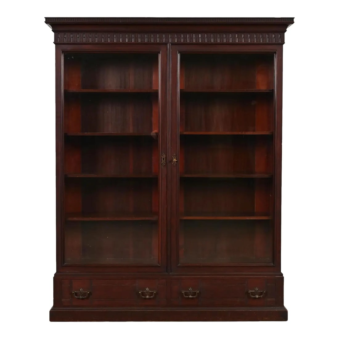 Herter Brothers Style Antique Eastlake Victorian Carved Mahogany Bookcase, Circa 1880s: A gorgeous antique Eastlake Victorian bookcase cabinet In the manner of Herter Brothers USA, Circa 1880s Carved mahogany, with glass front doors, and original brass hardware. Measures: 49"W x 15"D x 6