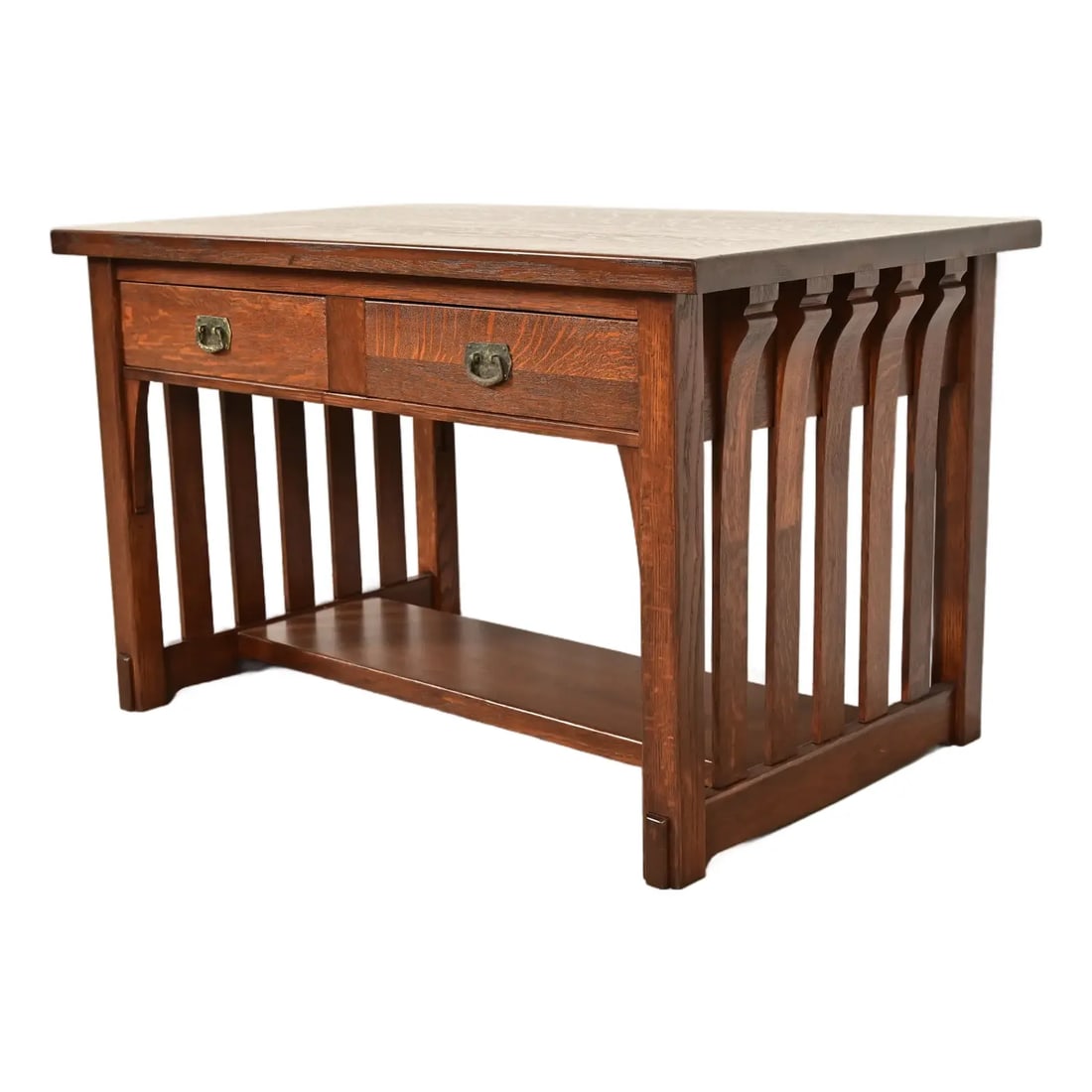 Imperial Furniture Grand Rapids Antique Mission Oak Arts & Crafts Writing Desk or Library Table: An exceptional antique Mission or Arts & Crafts writing desk or library table In the manner of Stickley Brothers By Imperial Furniture of Grand Rapids USA, Circa 1900 Solid quarter sawn oak, with dove