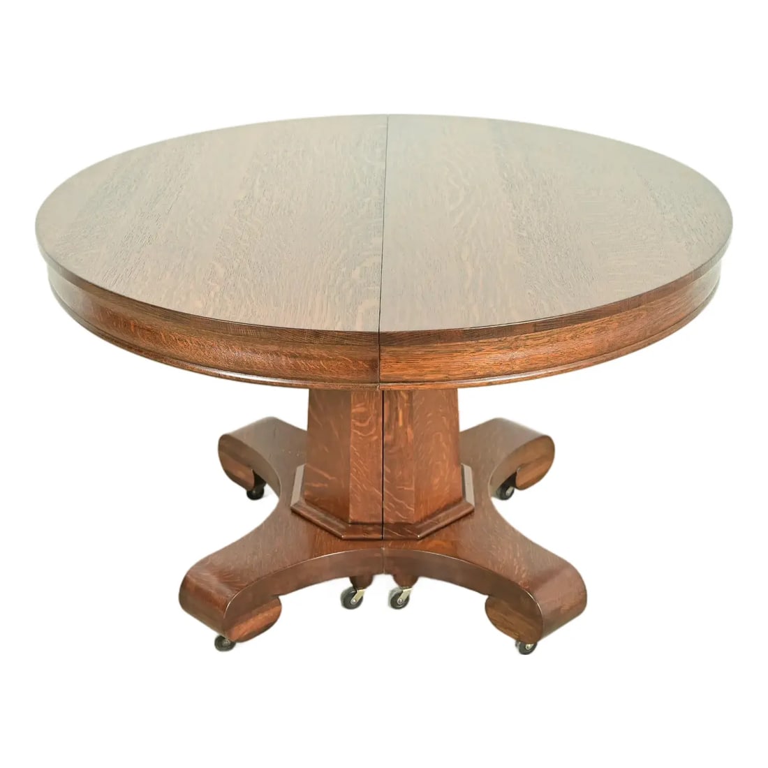 Stickley Style Antique Mission Oak Arts & Crafts Pedestal Extension Dining Table, Newly Refinished: A gorgeous antique Mission, Arts & Crafts, or Late Victorian quarter sawn oak split pedestal extension dining table In the Manner of Stickley USA, Circa 1900 Measures: 48"W x 48"D x 30.25"H. Extends u