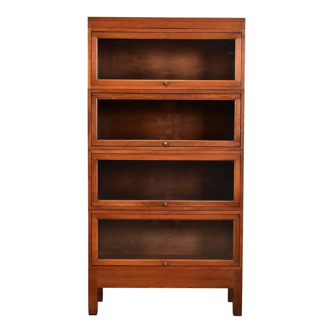 Stow Davis Antique Arts & Crafts Mahogany Four-Stack Barrister Bookcase, Circa 1920s: A gorgeous antique Arts & Crafts four-stack barrister bookcase By Stow Davis USA, Circa 1920s Mahogany, with glass front doors, and original brass hardware. Measures: 33"W x 13"D x 63.25"H. Good origi