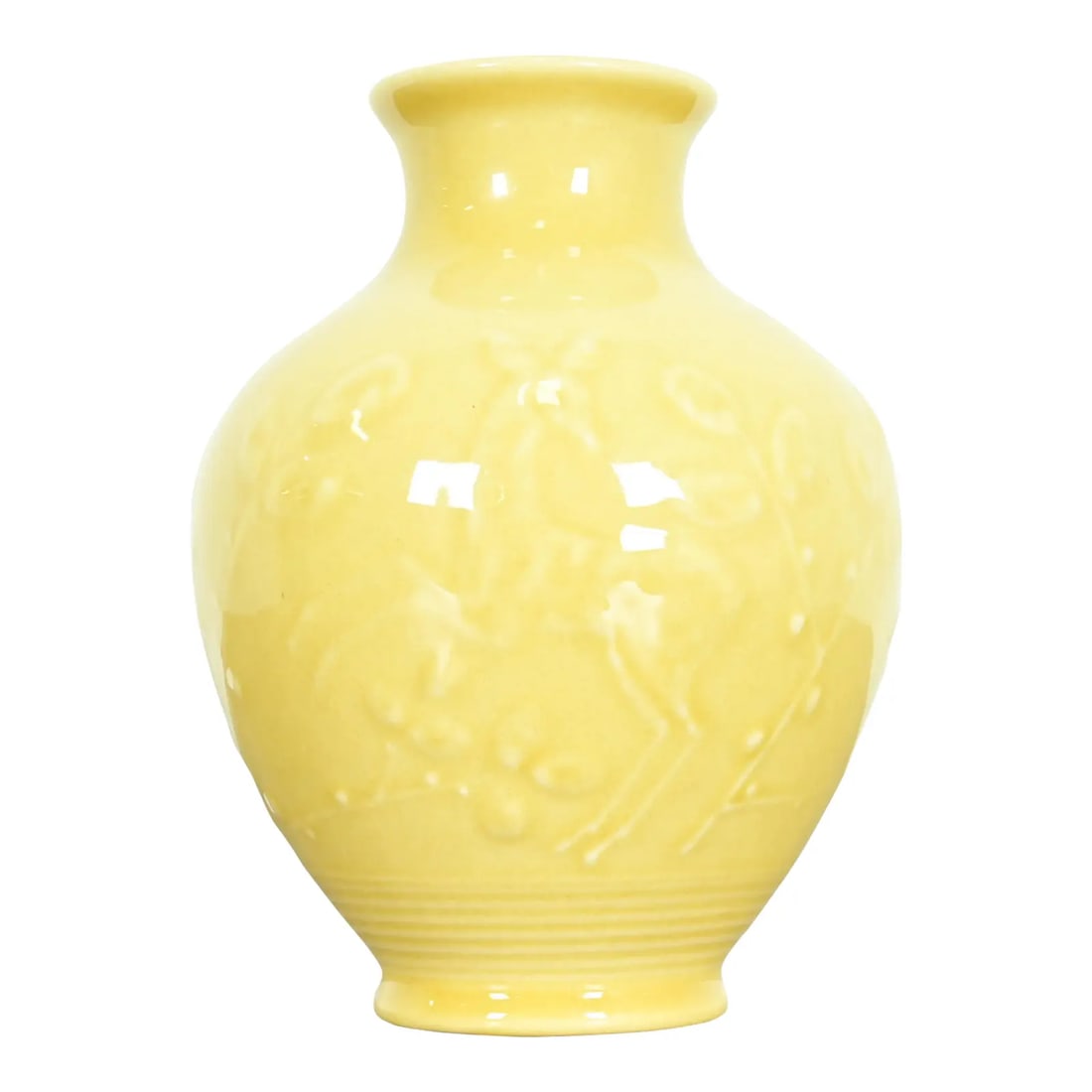 Rookwood Pottery Arts & Crafts Glazed Ceramic Art Pottery Vase, 1940: A gorgeous Arts & Crafts period glazed art pottery vase with low relief leaping stag and floral decoration By Rookwood Pottery USA, 1940 Glazed ceramic, in a beautiful light yellow color. Measures: 5.