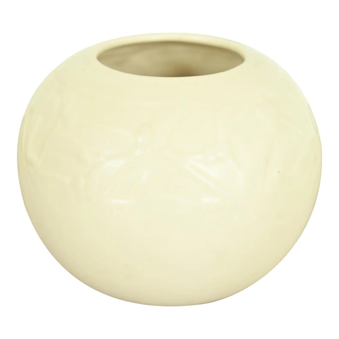 Rookwood Pottery Arts & Crafts Glazed Ceramic Art Pottery Bulbous Vase, 1945: A gorgeous Arts & Crafts period glazed art pottery bulbous vase with low relief design By Rookwood Pottery USA, 1945 Glazed ceramic in a beautiful cream color. Measures: 5"W x 5"D x 3.75"H. Very good 