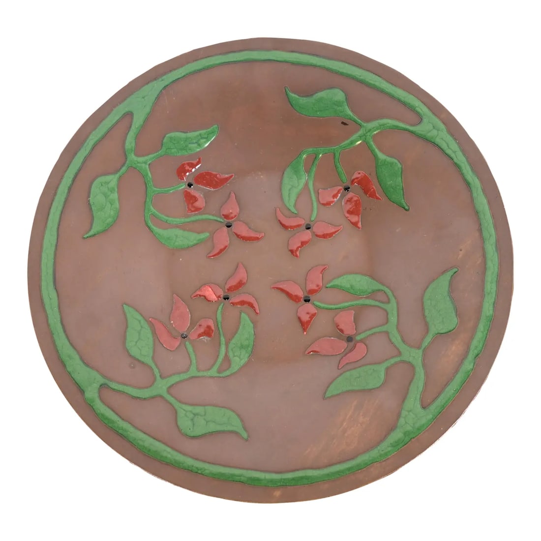Art Crafts Shop Antique Hammered Copper and Enamel Plate, Circa 1905: A gorgeous Arts & Crafts period hammered copper plate with floral enamel design By The Art Crafts Shop of Buffalo, N.Y. (early Heinz Art Metal Co.) USA, Early 20th Century Measures: 8.25"W x 8.25"D x 