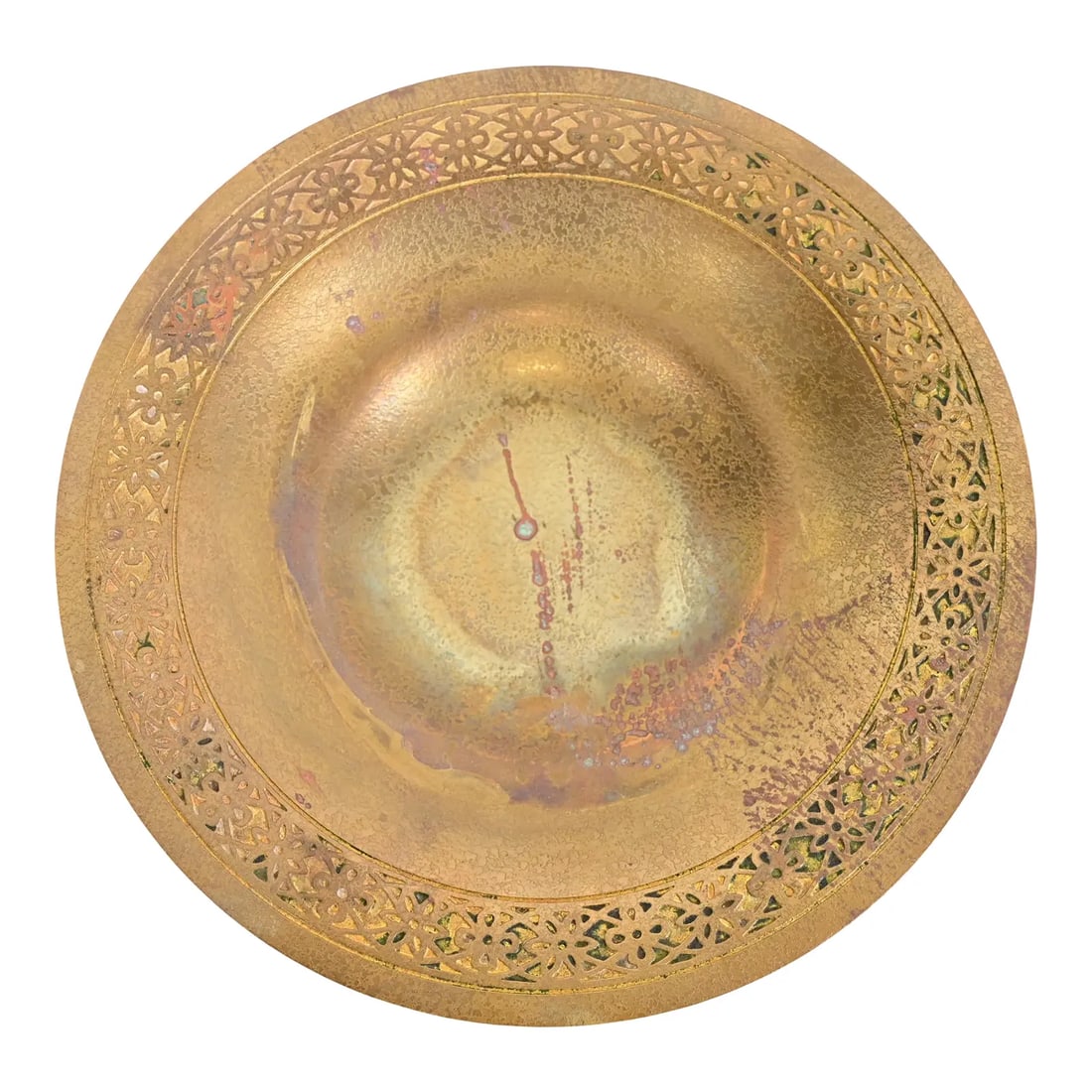 Tiffany Studios New York Bronze Doré Shallow Bowl or Plate With Decorative Border: A gorgeous Arts & Crafts or Art Deco period gilt bronze shallow bowl or plate with decorative border By Tiffany Studios (signed to the underside) New York, USA, Early 20th Century Measures: 9"W x 9"D 