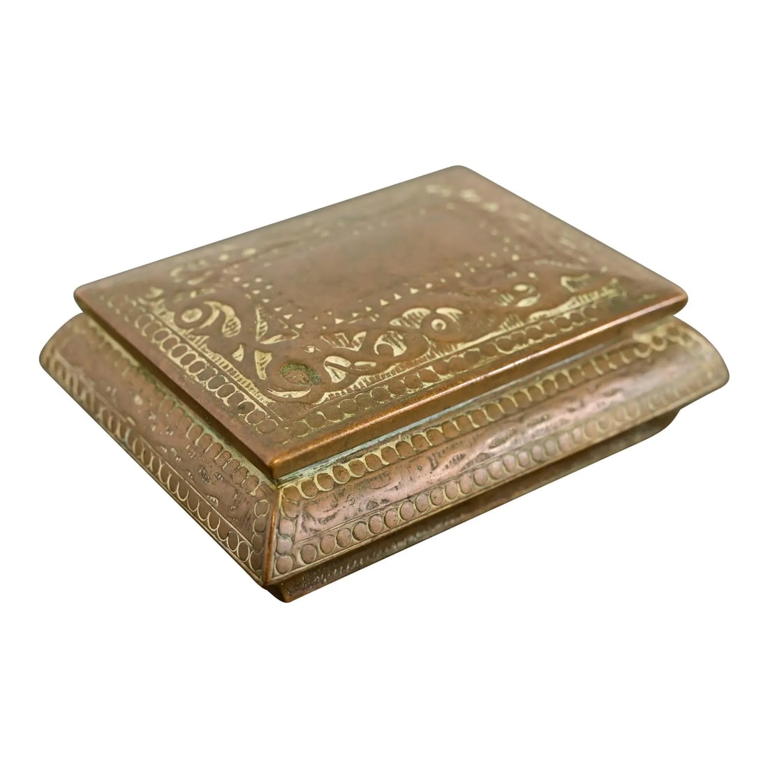 Marshall Field & Co. Antique Viking Bronze Stamp Box, Circa 1910: A gorgeous Art Deco or Arts & Crafts period "Viking" collection bronze stamp box In the manner of Tiffany Studios By Marshall Field & Co. USA, Circa 1910 Measures: 4"W x 3.25"D x 1.5"H. Very good orig