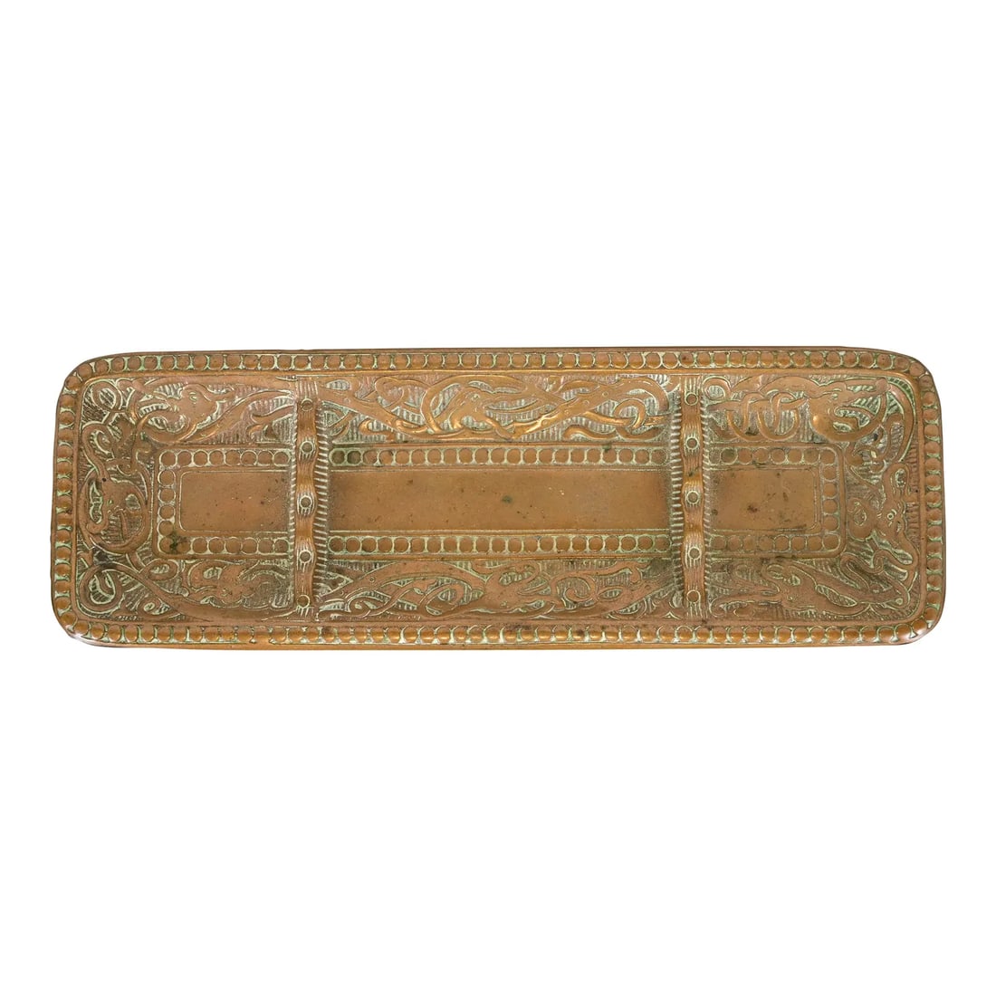 Marshall Field & Co. Antique Viking Bronze Pen Tray, Circa 1910: A gorgeous Art Deco or Arts & Crafts period "Viking" collection bronze pen tray In the manner of Tiffany Studios By Marshall Field & Co. (signed to the underside) USA, Circa 1910 Measures: 9"W x 3"D x
