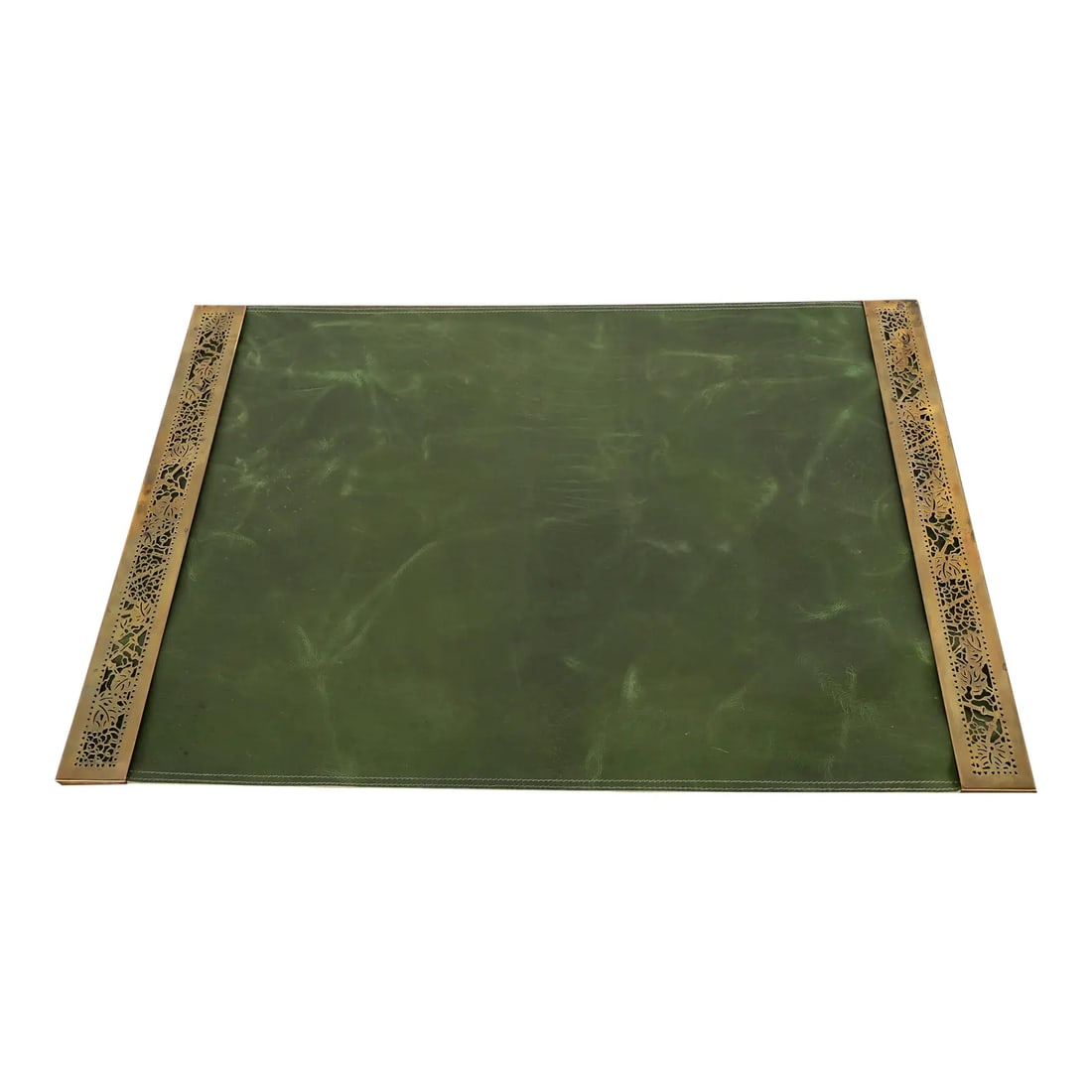 Tiffany Studios New York Grapevine Bronze Blotter Ends With Leather Desk Blotter: A gorgeous pair of Art Deco or Arts & Crafts period bronze "Grapevine" pattern blotter ends with a custom green leather desk blotter By Tiffany Studios (each blotter end signed to the underside) New Y