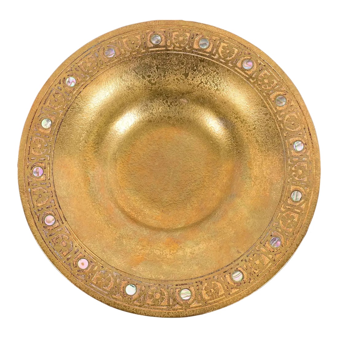 Tiffany Studios New York Bronze Doré Bowl With Abalone Inlay: A gorgeous Arts & Crafts or Art Deco period gilt bronze dish or shallow bowl with abalone inlay By Tiffany Studios (signed to the underside) New York, USA, Early 20th Century Measures: 9"W x 9"D x 1.5