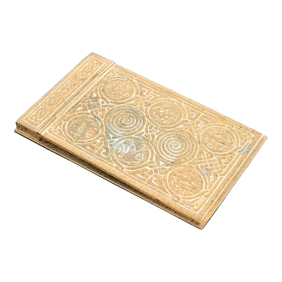 Tiffany Studios New York Zodiac Bronze Doré Notepad Holder: A gorgeous Arts & Crafts or Art Deco period "Zodiac" pattern gilt bronze notepad holder By Tiffany Studios New York, USA, Early 20th Century Measures: 4.75"W x 7.5"D x 0.5"H. Good original vintage con