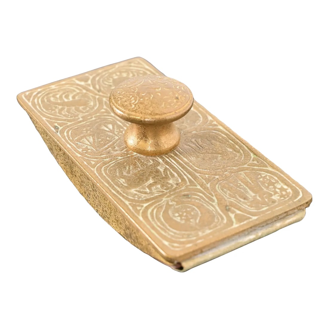 Tiffany Studios New York Zodiac Pattern Bronze Doré Rocker Blotter: A gorgeous Arts & Crafts or Art Deco period gilt bronze "Zodiac" pattern rocker ink blotter By Tiffany Studios (signed on the side) New York, USA, Early 20th Century Measures: 5.75"W x 2.75"D x 2.5"H.