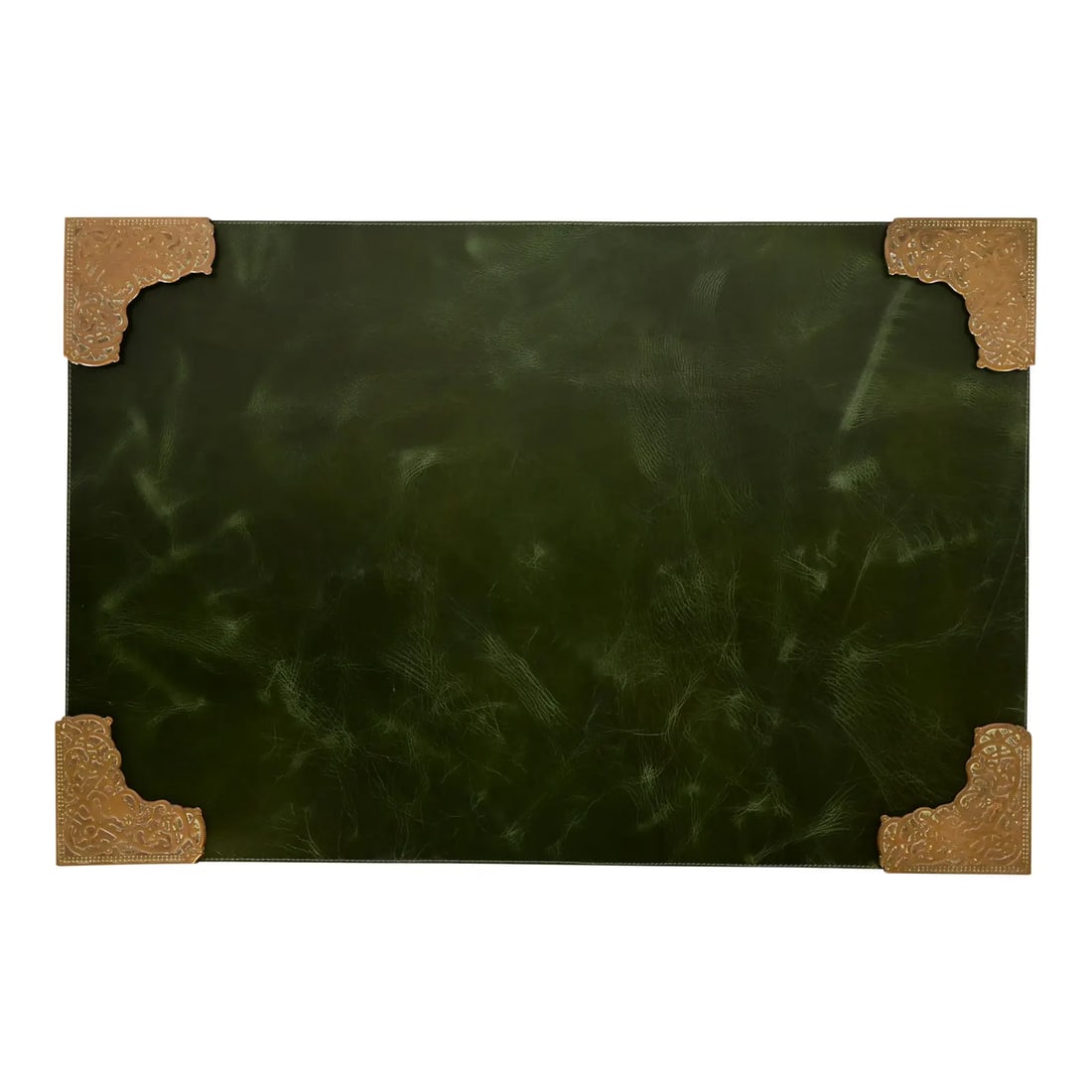 Marshall Field & Co. Antique Viking Bronze Blotter Corners With Leather Desk Blotter, Circa 1910: A gorgeous set of four Art Deco or Arts & Crafts period "Viking" collection bronze blotter corners, with a custom green leather desk blotter. In the manner of Tiffany Studios By Marshall Field & Co. (