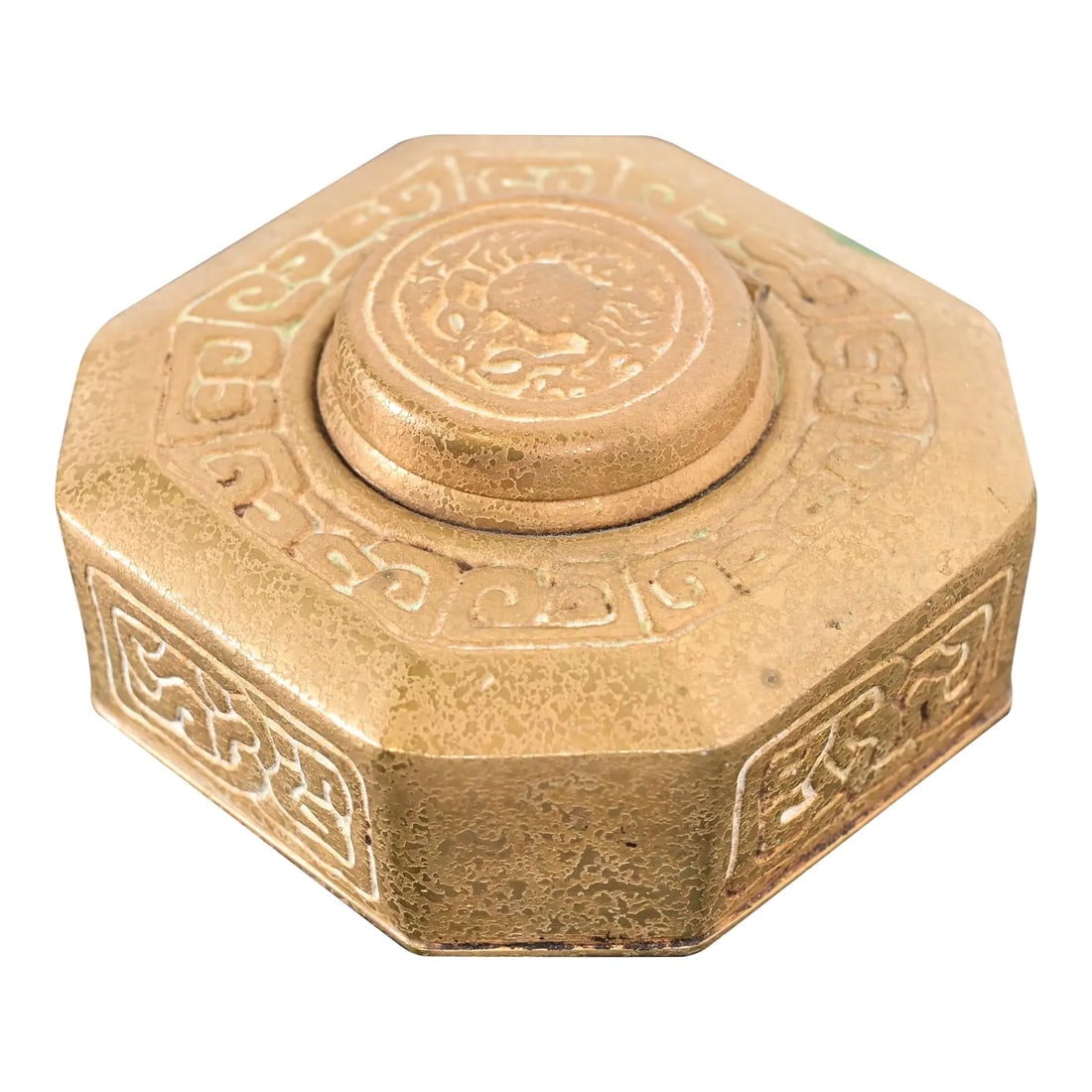 Tiffany Studios New York Zodiac Bronze Doré Inkwell: A gorgeous Arts & Crafts or Art Deco period "Zodiac" pattern gilt bronze inkwell By Tiffany Studios (signed to the underside) New York, USA, Early 20th Century Measures: 4.25"W x 4"D x 2.25"H. Good or