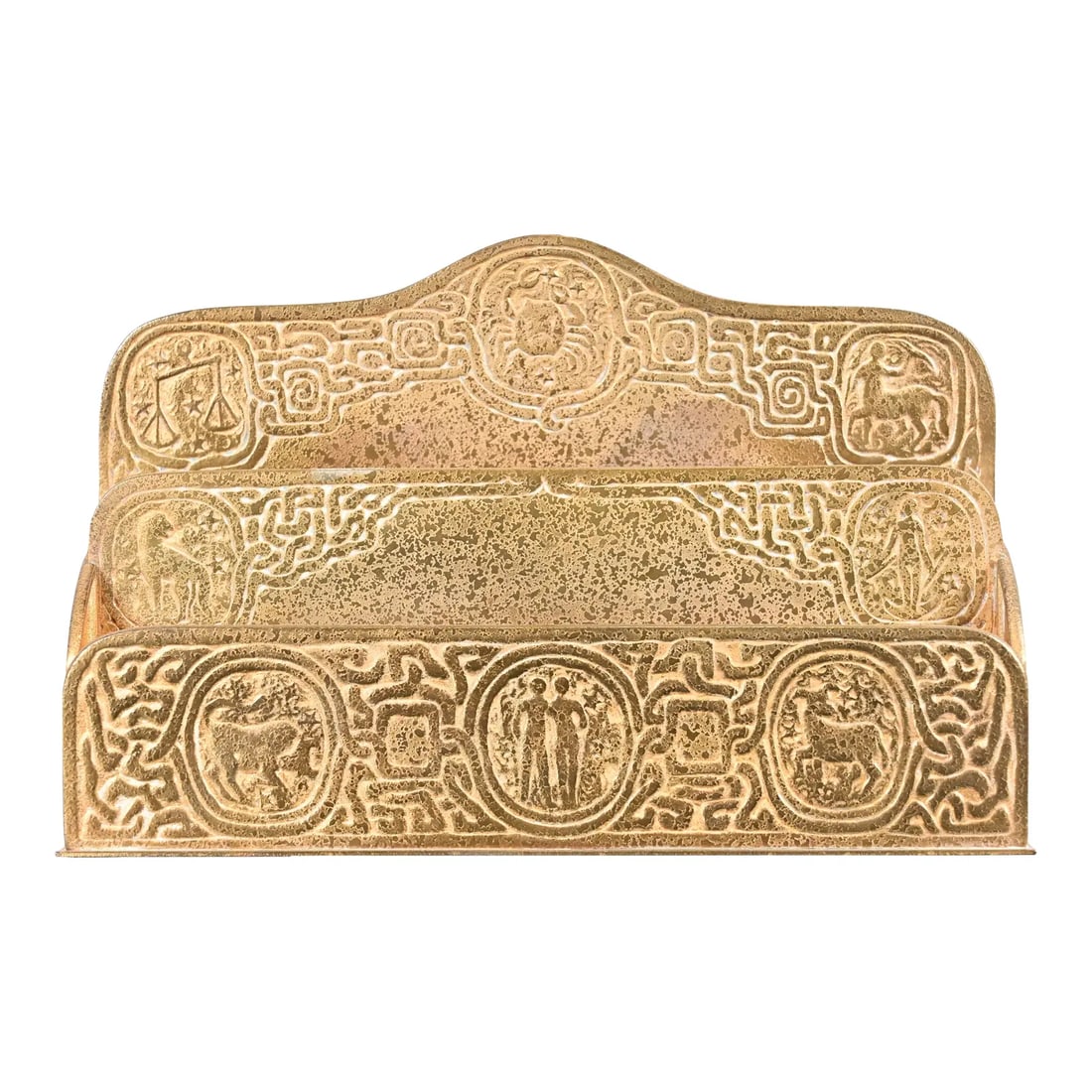 Tiffany Studios New York Zodiac Pattern Bronze Doré Letter Rack: A gorgeous antique Arts & Crafts or Art Deco period gilt bronze "Zodiac" pattern desk letter holder rack By Tiffany Studios (signed to the underside) New York, USA, Early 20th Century Measures: 9.5"W 