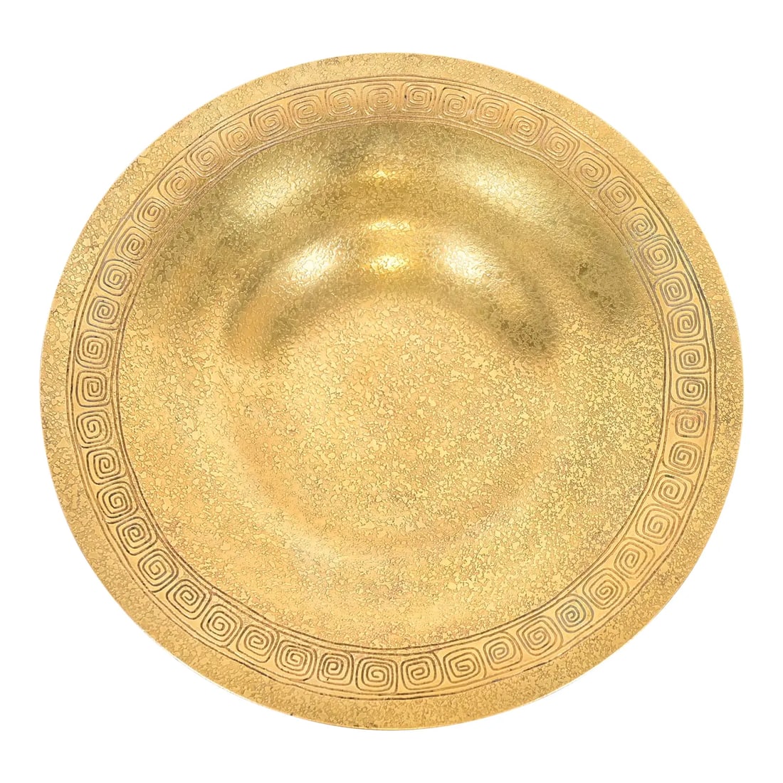 Tiffany Studios New York Bronze Doré Plate or Shallow Bowl With Greek Key Design: A gorgeous Arts & Crafts or Art Deco period gilt bronze plate or shallow bowl with Greek Key design By Tiffany Studios (signed to the underside) New York, USA, Early 20th Century Measures: 9"W x 9"D x