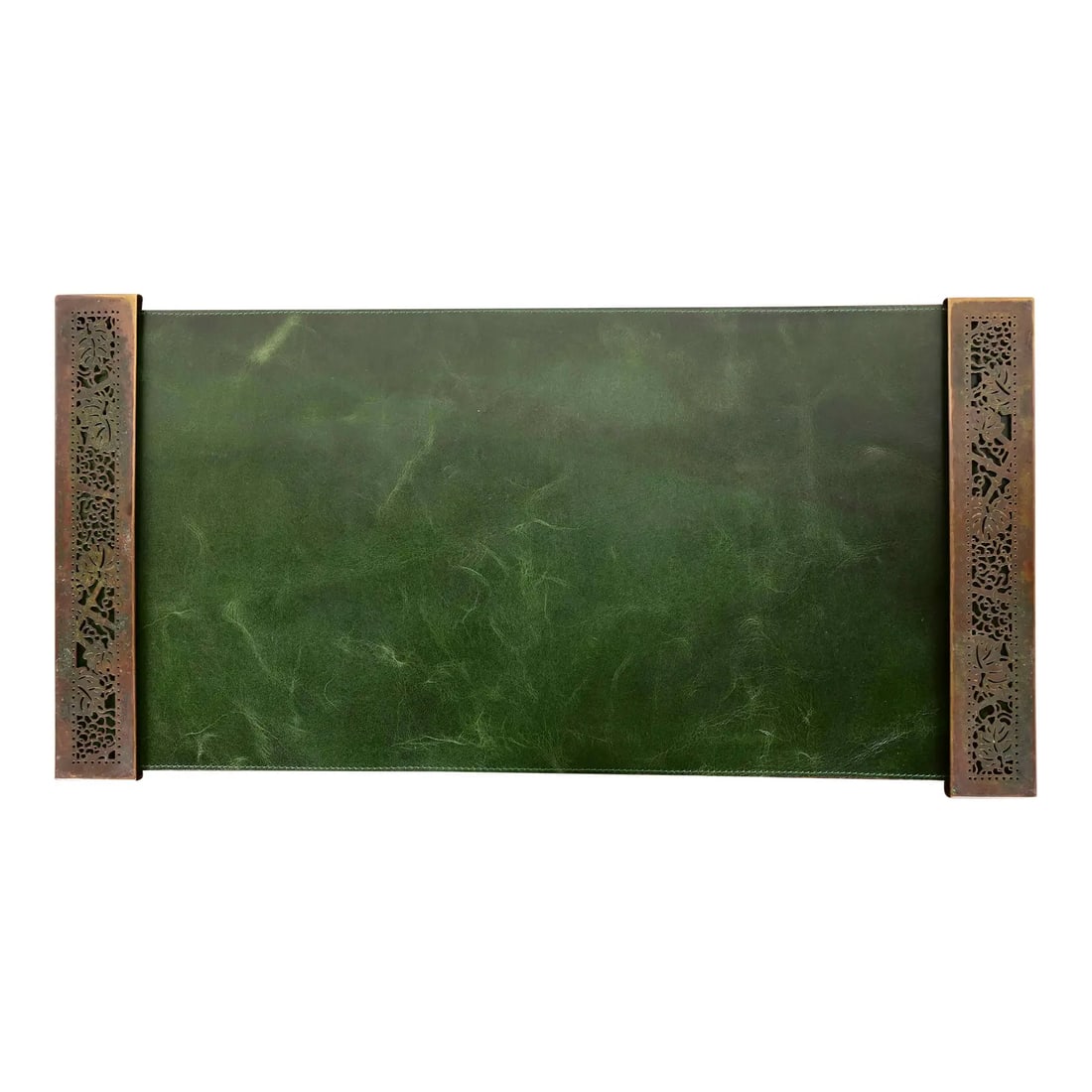 Tiffany Studios New York Grapevine Bronze Blotter Ends With Leather Desk Blotter: A gorgeous pair of Art Deco or Arts & Crafts period bronze "Grapevine" pattern blotter ends with a custom green leather desk blotter By Tiffany Studios (each blotter end signed to the underside) New Y
