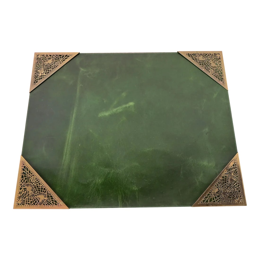 Tiffany Studios New York Grapevine Bronze Doré Blotter Corners With Leather Desk Blotter: A gorgeous set of four Art Deco or Arts & Crafts period gilt bronze "Grapevine" pattern blotter corners with green leather desk blotter By Tiffany Studios (each blotter corner signed to the underside)