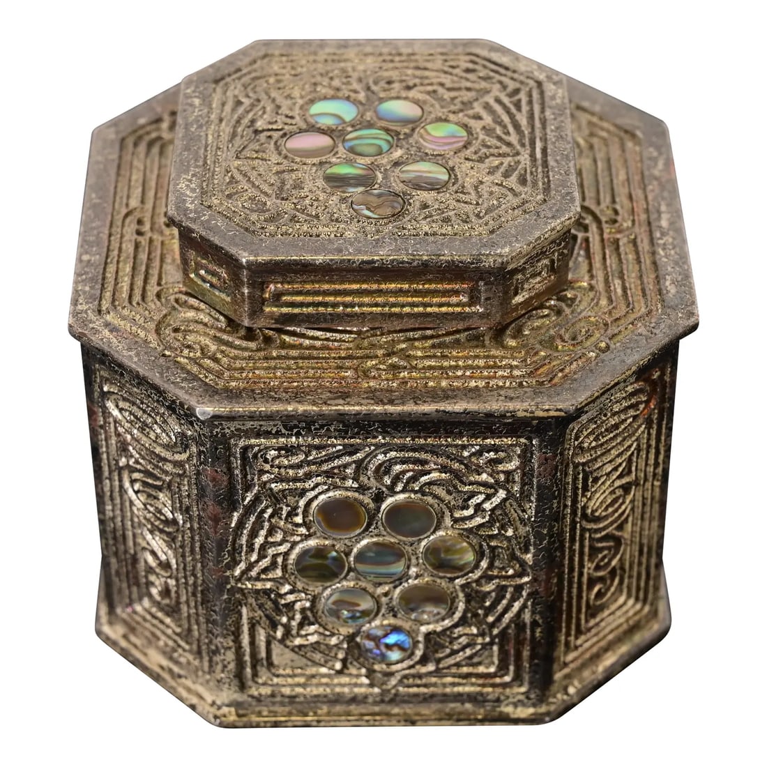 Tiffany Studios New York Silvered Bronze and Abalone Inkwell: A gorgeous Art Nouveau or Arts & Crafts period silvered bronze and inlaid abalone inkwell By Tiffany Studios (signed to the underside) New York, USA, early 20th century Measures: 3.75"W x 3.75"D x 3.2