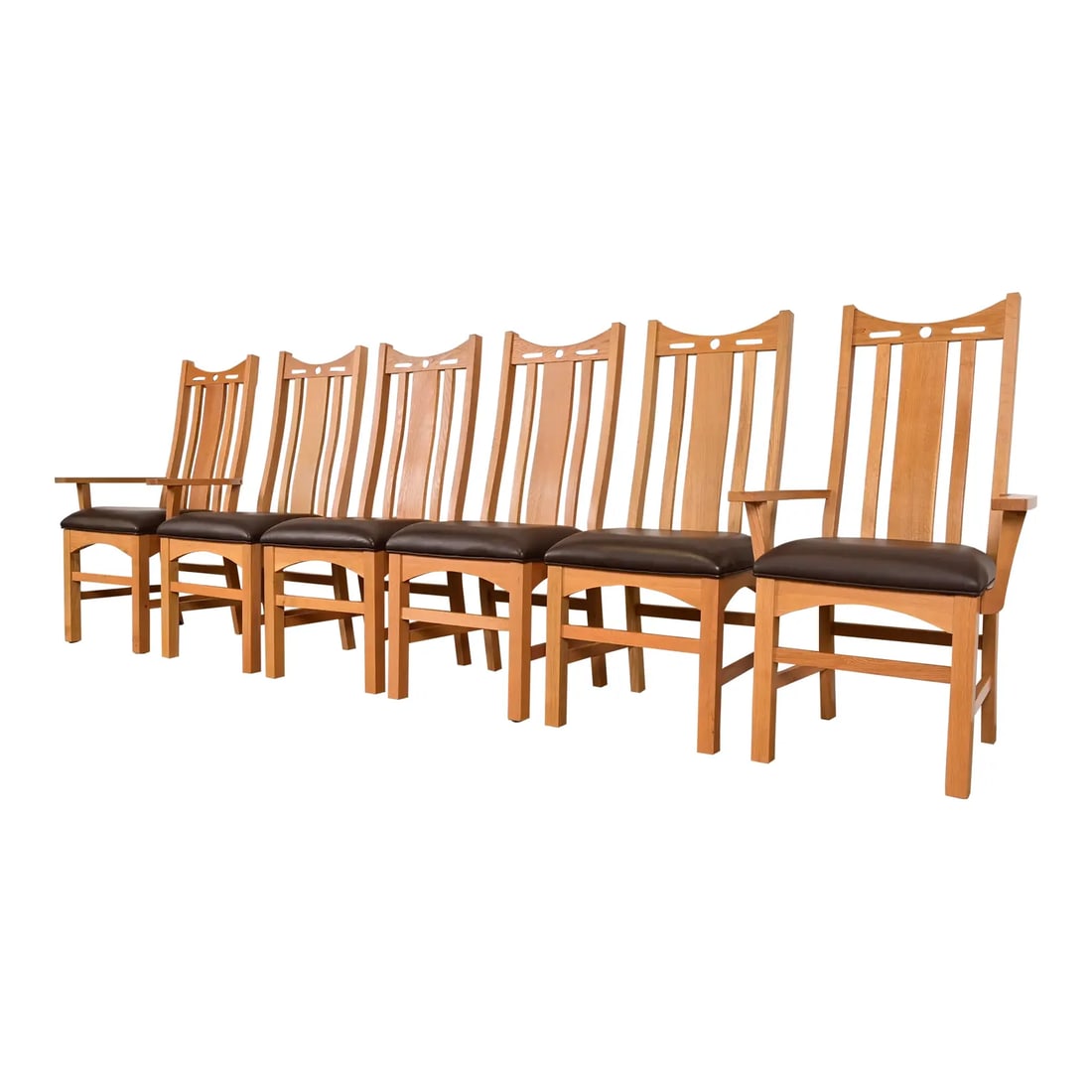 Stickley Style Mission Oak Arts & Crafts High Back Dining Chairs, Set of Six: An exceptional set of six Mission or Arts & Crafts style high back dining chairs In the manner of Stickley or Charles Rennie Mackintosh Slovenia, Late 20th Century Solid oak frames, with walnut inlay,