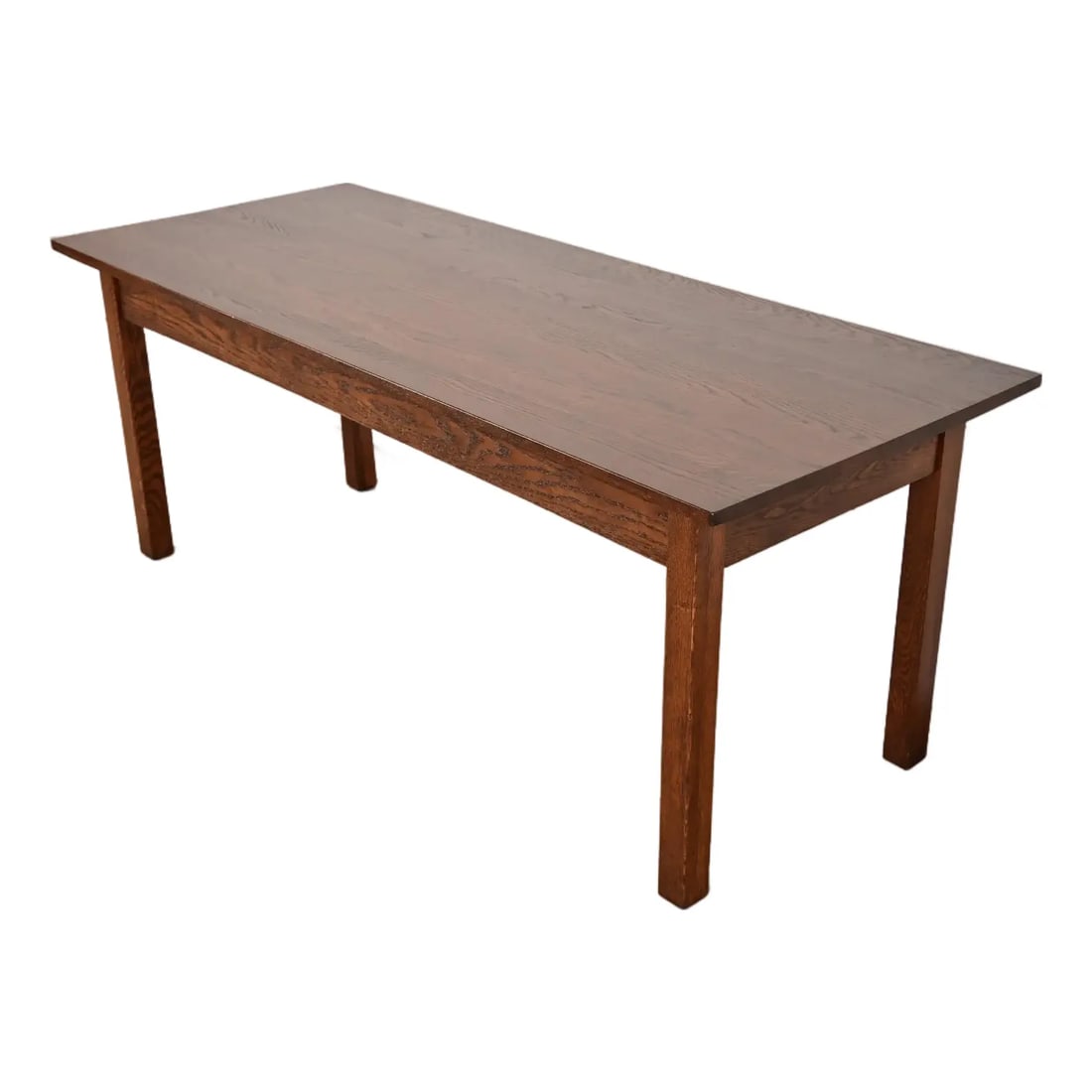 Late 20th Century Stickley Style Mission Oak Arts & Crafts Harvest Farmhouse Dining Table: An exceptional Mission or Arts & Crafts style solid oak harvest farmhouse dining table In the manner of Stickley USA, Late 20th Century Measures: 72"W x 29"D x 28.25"H. Professionally refinished. Exce