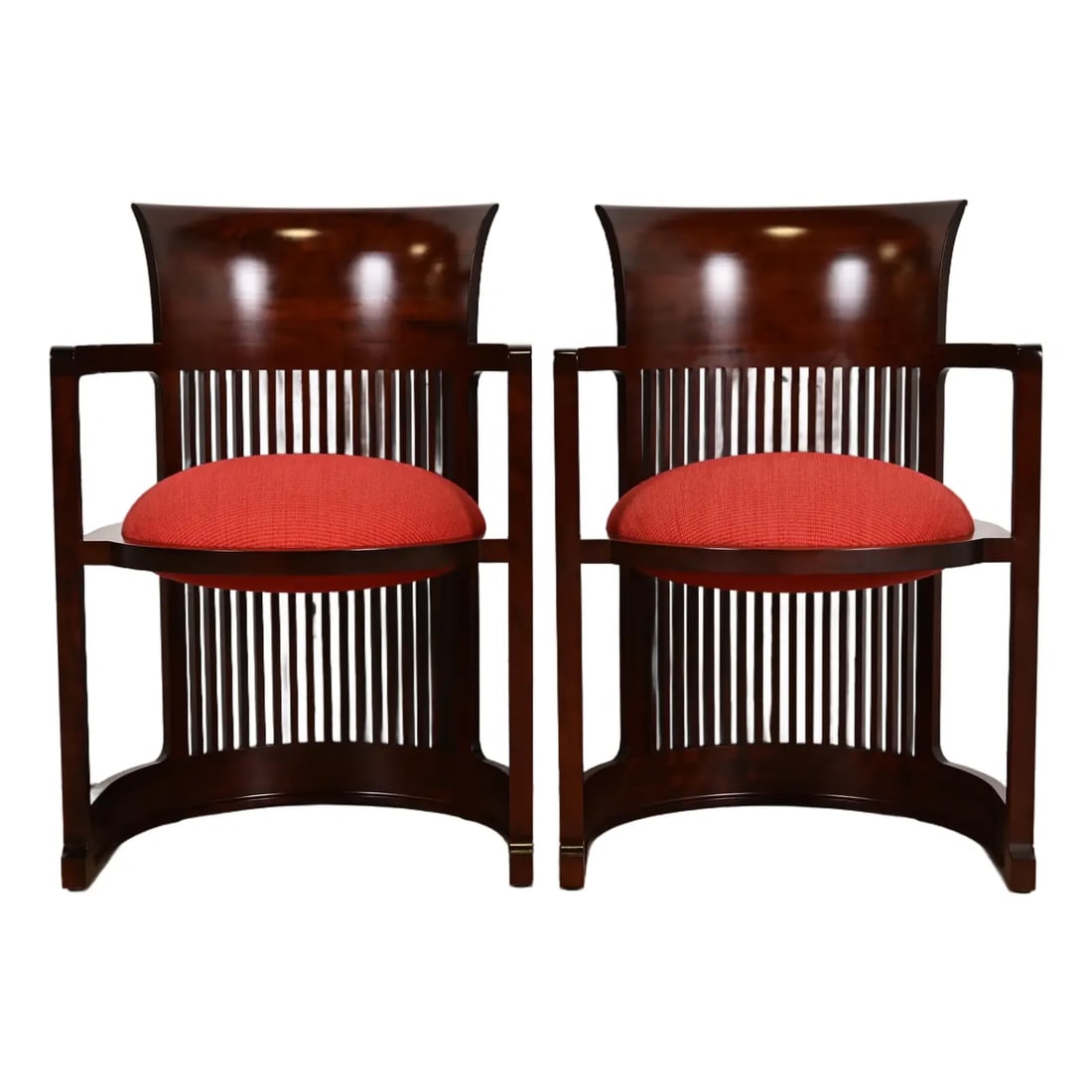 Frank Lloyd Wright for Cassina Arts & Crafts Dark Cherry Wood Barrel Chairs, Pair: An exceptional pair of Arts & Crafts or Prairie style barrel chairs By Frank Lloyd Wright for Cassina Italy, 1989 (originally designed in 1903 for the Martin House in Buffalo) Carved cherry wood, with
