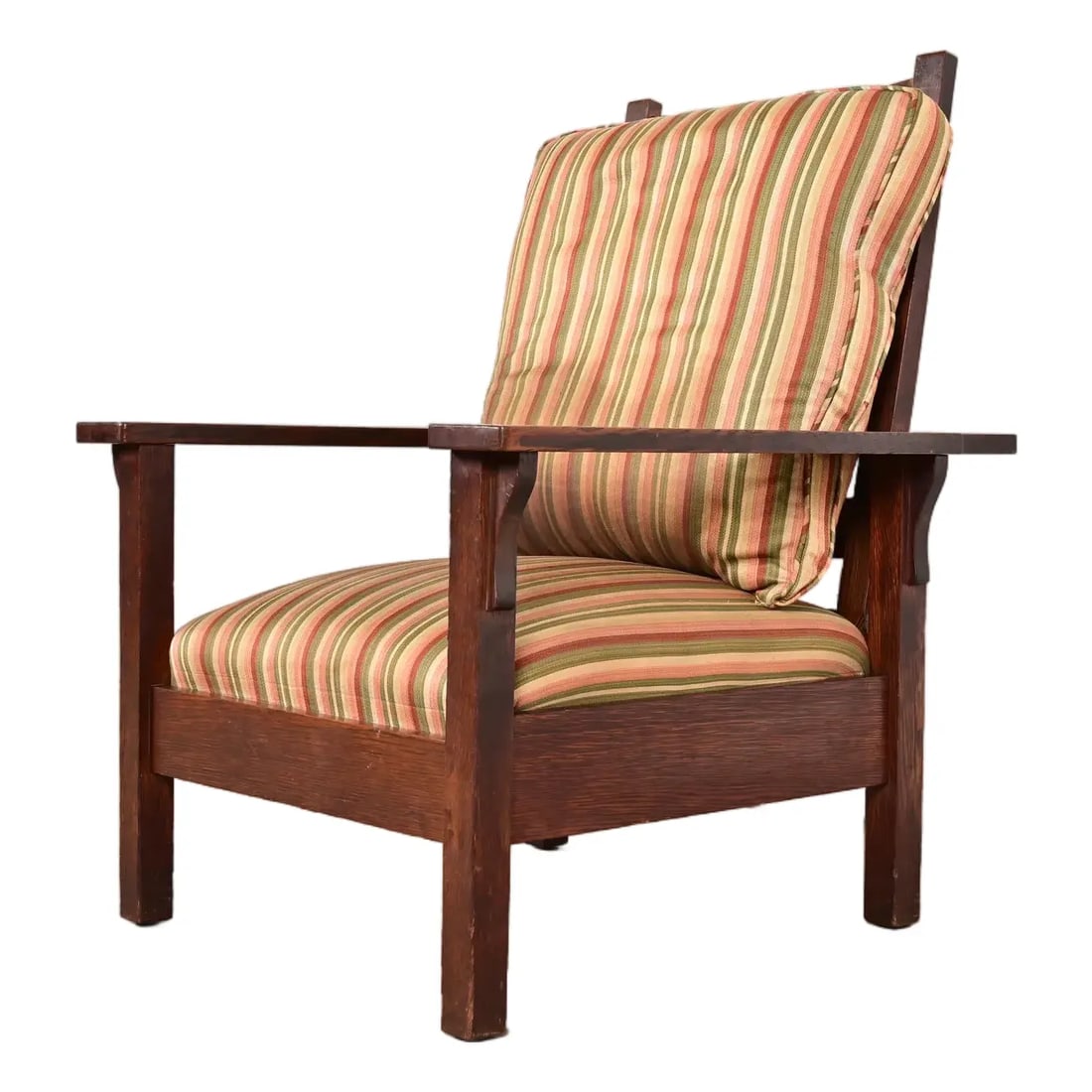 Charles Stickley Antique Mission Oak Arts & Crafts Reclining Morris Lounge Chair, Circa 1910: An exceptional antique Mission or Arts & Crafts period Morris reclining lounge chair By Charles Stickley USA, Circa 1910 Solid quarter sawn oak frame, with upholstered seat and back cushions. Measures