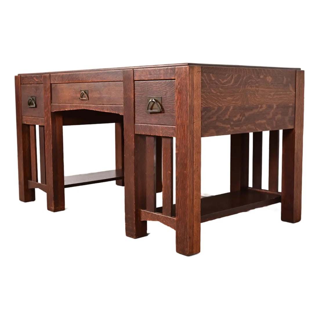 Stickley Brothers Style Antique Mission Oak Arts & Crafts Desk With Built-in Bookcases, Circa 1910: An exceptional antique Mission or Arts & Crafts period writing desk or library table with built-in bookcases In the manner of Stickley Brothers USA, Circa 1910 Gorgeous quarter sawn oak, with original