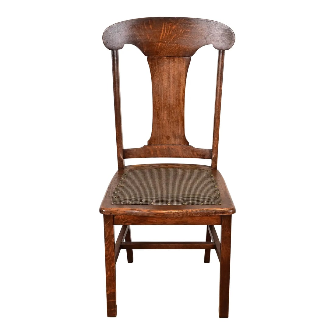 Limbert Style Antique Arts & Crafts Carved Oak Side Chair or Dining Chair, Circa 1900: A gorgeous Mission or Arts & Crafts period dining chair or side chair In the manner of Charles P. Limbert Co. USA, Circa 1900 Carved quarter sawn oak, with upholstered seat. Measures: 19"W x 20.5"D x 