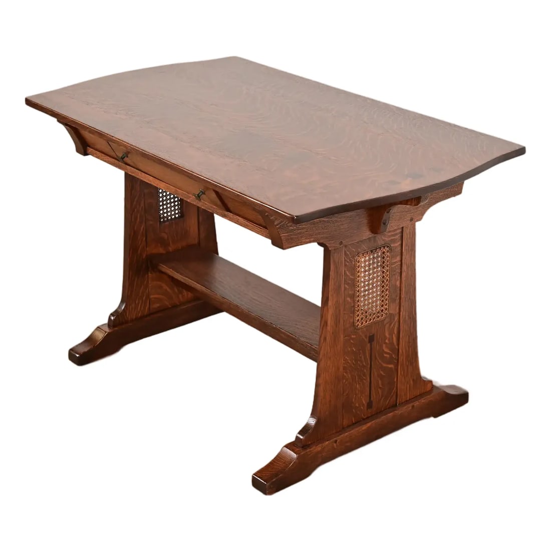 Limbert Antique Mission Oak Arts & Crafts Turtle Top Writing Desk or Library Table, Newly Refinished: A rare and exceptional antique Mission or Arts & Crafts period "Ebon-Oak" library table or writing desk By Charles P. Limbert Co. USA, Circa 1910 Gorgeous quarter sawn tiger oak, with caned side panel