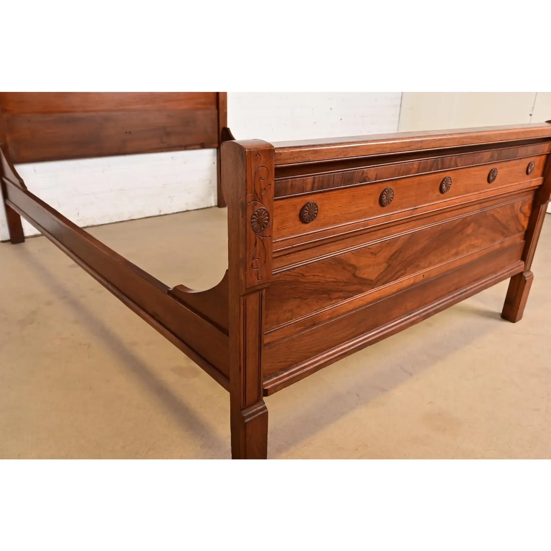 Herter Brothers Style Antique Monumental Eastlake Victorian Carved Burled Walnut Full Size Bed - 11