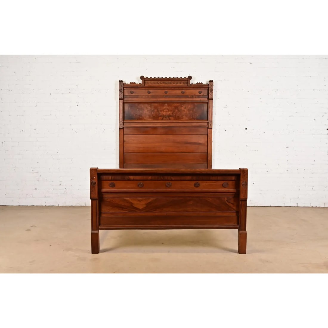 Herter Brothers Style Antique Monumental Eastlake Victorian Carved Burled Walnut Full Size Bed - 12
