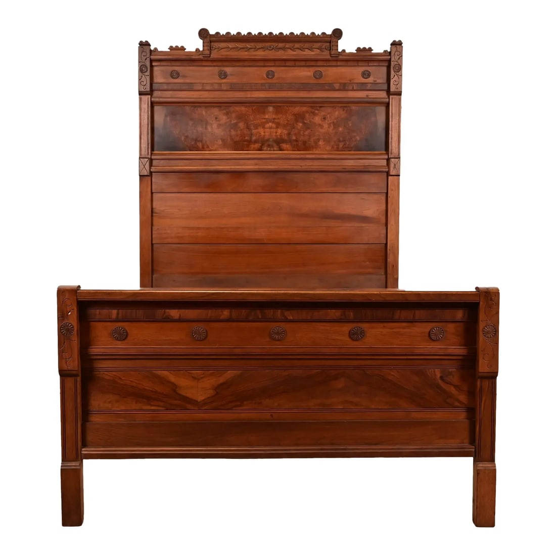 Herter Brothers Style Antique Monumental Eastlake Victorian Carved Burled Walnut Full Size Bed (1 of 12)