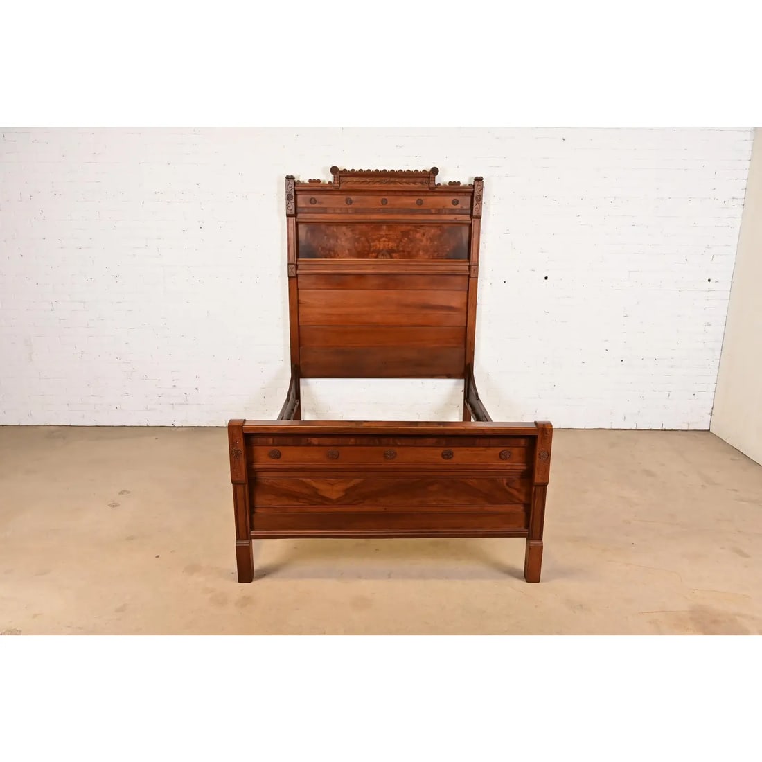 Herter Brothers Style Antique Monumental Eastlake Victorian Carved Burled Walnut Full Size Bed - 2