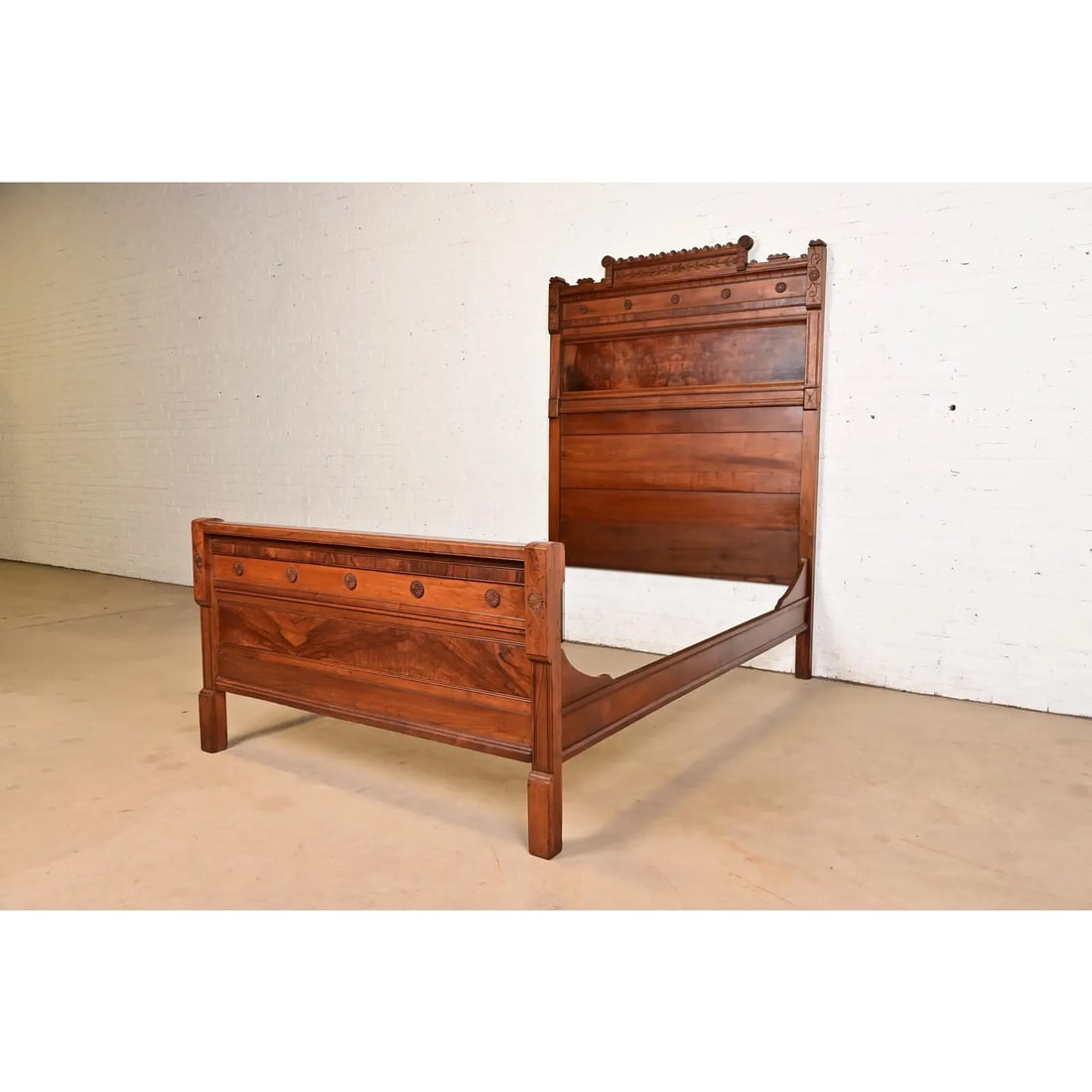 Herter Brothers Style Antique Monumental Eastlake Victorian Carved Burled Walnut Full Size Bed - 3