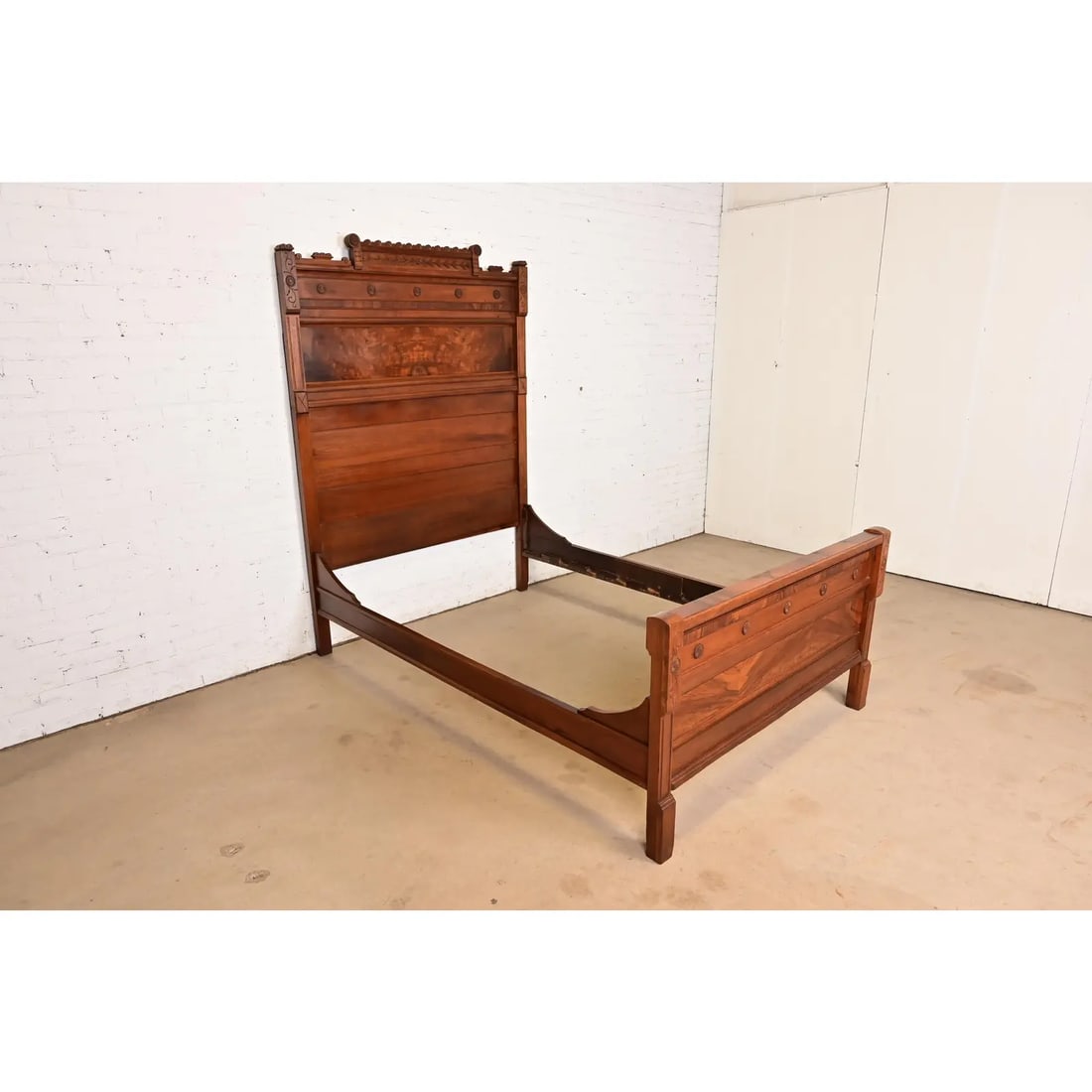 Herter Brothers Style Antique Monumental Eastlake Victorian Carved Burled Walnut Full Size Bed - 4