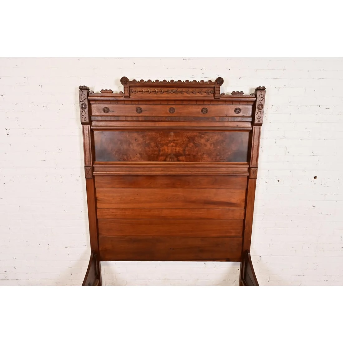 Herter Brothers Style Antique Monumental Eastlake Victorian Carved Burled Walnut Full Size Bed - 6