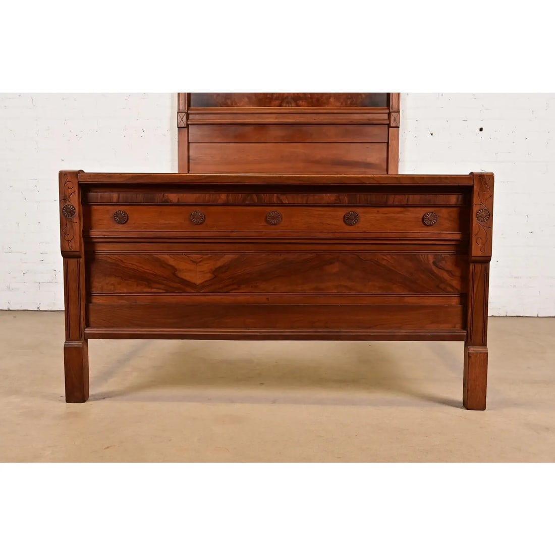 Herter Brothers Style Antique Monumental Eastlake Victorian Carved Burled Walnut Full Size Bed - 7