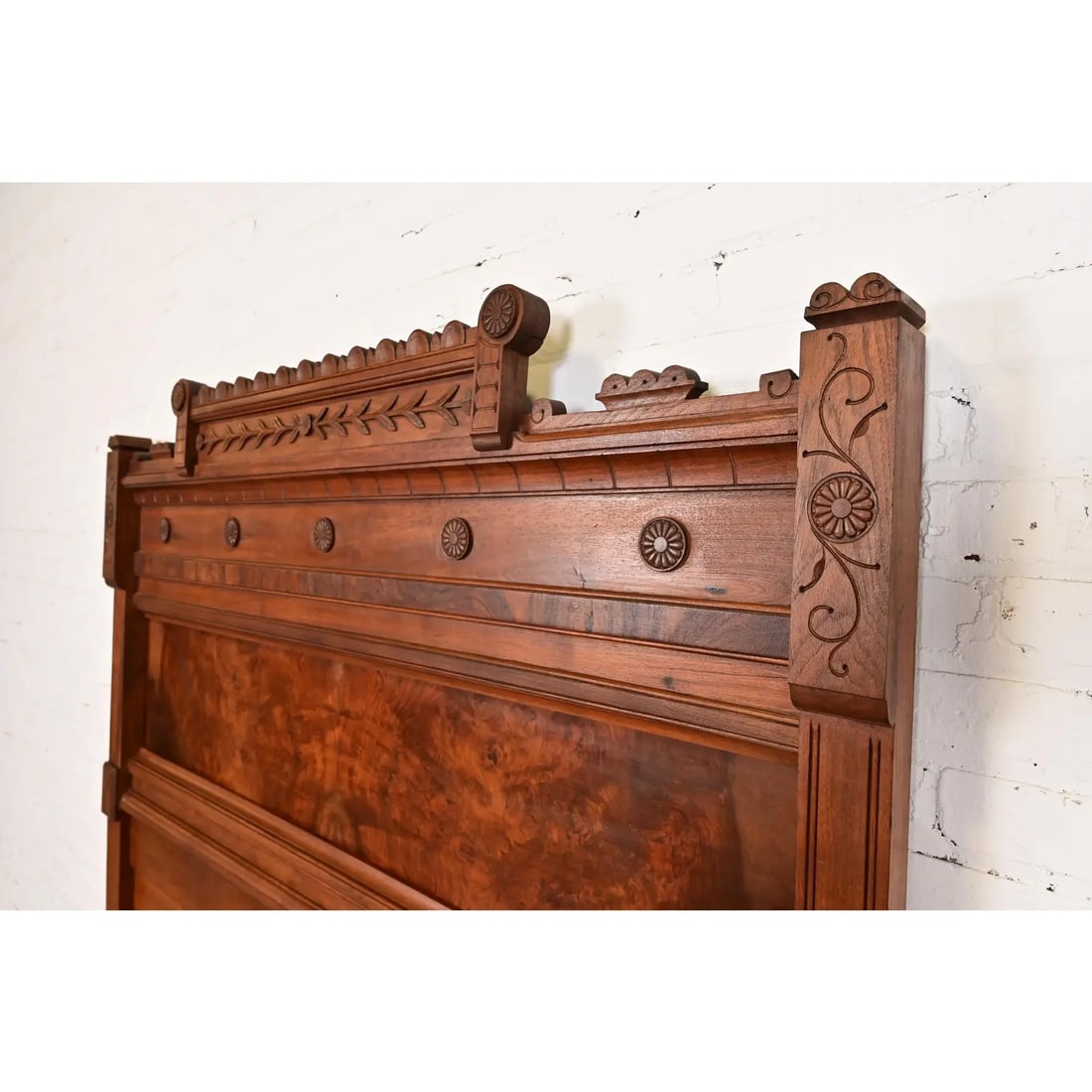 Herter Brothers Style Antique Monumental Eastlake Victorian Carved Burled Walnut Full Size Bed - 9