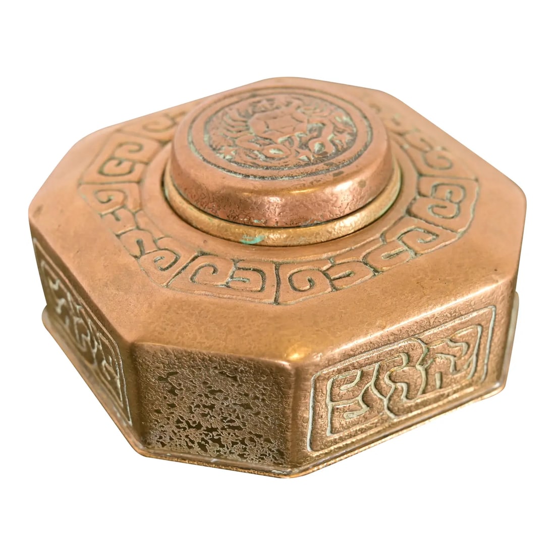 Tiffany Studios New York Zodiac Bronze Doré Inkwell: A gorgeous Arts & Crafts or Art Deco period "Zodiac" pattern gilt bronze inkwell By Tiffany Studios (signed to the underside) New York, USA, Early 20th Century Measures: 4.25"W x 4.25"D x 2.25"H. Good