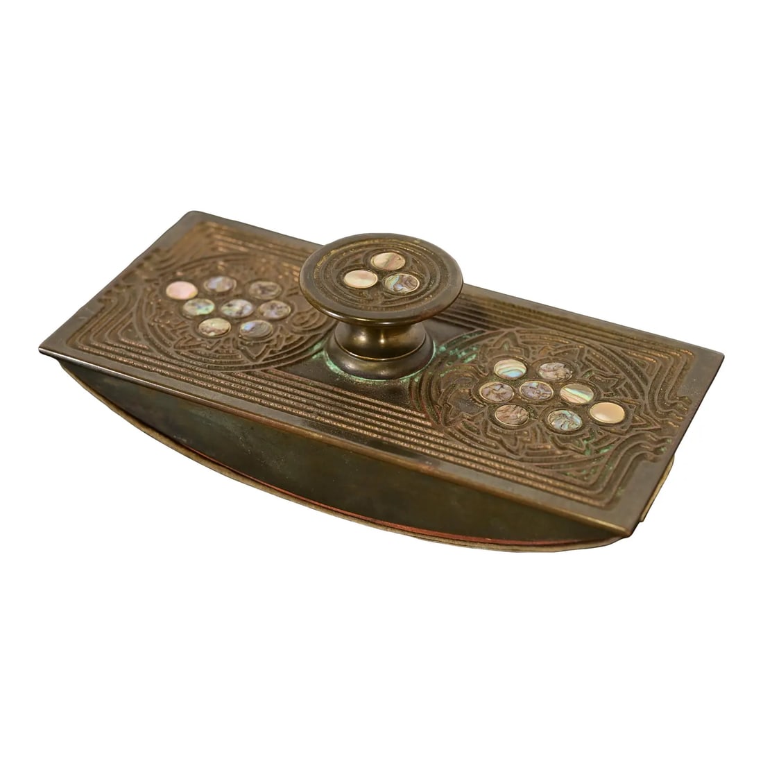 Tiffany Studios New York Bronze and Abalone Rocker Blotter: A gorgeous antique Art Nouveau or Art Deco period gilt bronze and inlaid abalone rocker ink blotter By Tiffany Studios (signed on the side) New York, USA, Early 20th Century Measures: 5.75"W x 2.75"D 