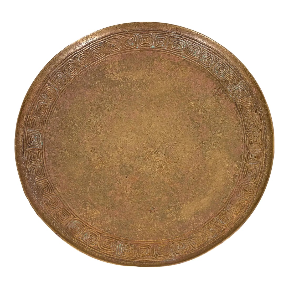 Tiffany Studios New York Bronze Plate With Greek Key Design: A gorgeous Arts & Crafts or Art Deco period bronze plate with Greek Key design By Tiffany Studios (signed to the underside) New York, USA, Early 20th Century Measures: 8"W x 8"D x 1"H. Good original v