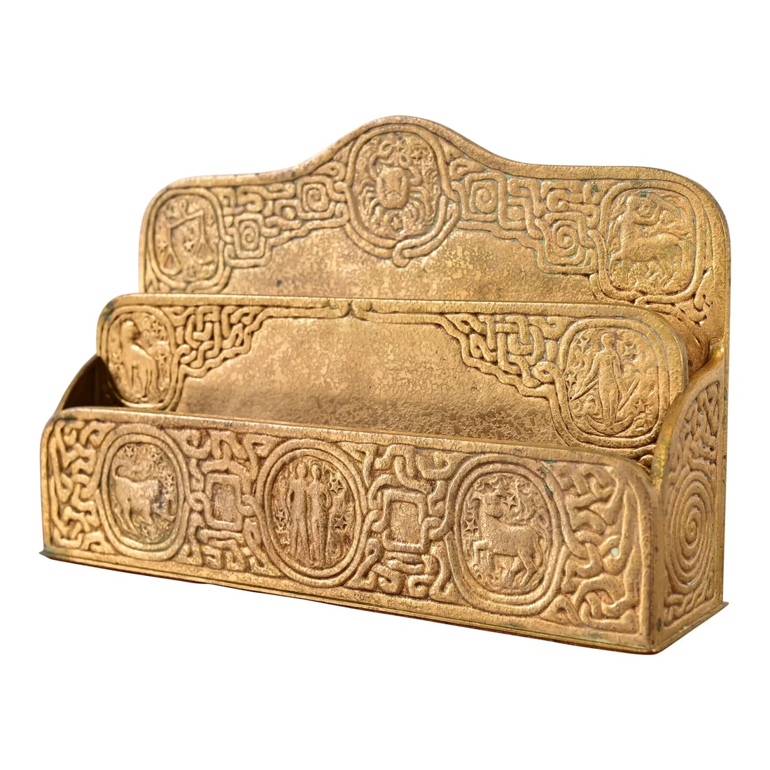 Tiffany Studios New York Zodiac Pattern Bronze Doré Letter Rack: A gorgeous antique Arts & Crafts or Art Deco period gilt bronze "Zodiac" pattern desk letter holder rack By Tiffany Studios (signed to the underside) New York, USA, Early 20th Century Measures: 9.5"W 