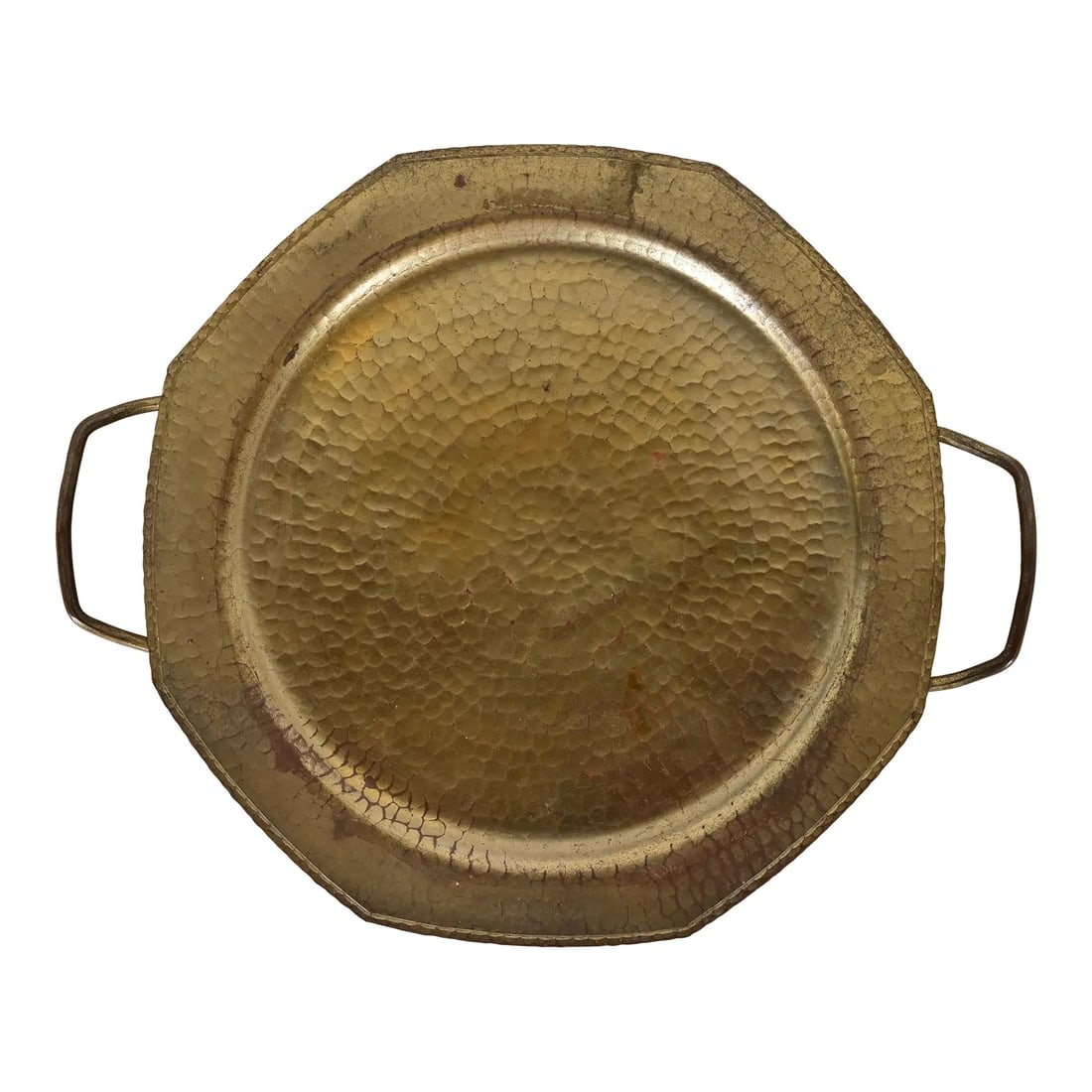 Roycroft Arts & Crafts Brass Finished Hammered Copper Handled Tray, 1920s: A gorgeous Arts & Crafts period brass finished hand hammered copper tray with handles By Roycroft (signed with impressed orb and cross mark) USA, Circa 1920s Measures: 12"W x 10"D x 0.75"H. Good origi