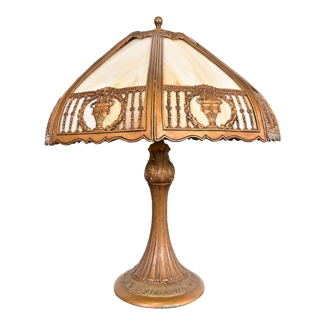 Antique Art Nouveau Slag Glass Table Lamp in the Manner of Handel, Circa 1910: An exceptional antique Art Nouveau or Arts & Crafts period table lamp with wreaths and urns and gorgeous eight-panel caramel slag glass shade In the manner of Handel USA, Circa 1910 Measures: 17.38"W 