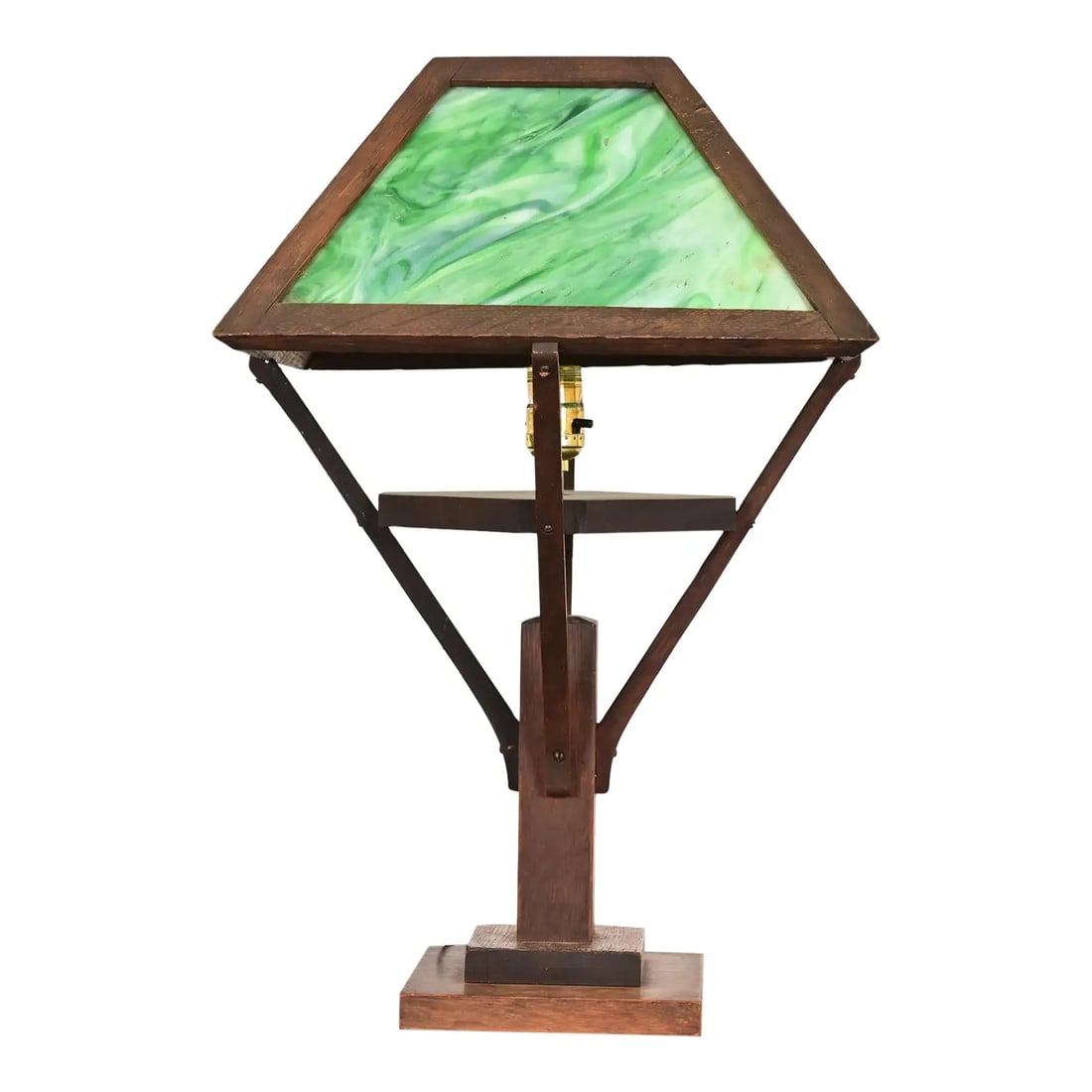 Stickley Style Antique Mission Arts & Crafts Oak Table Lamp With Slag Glass Shade, Circa 1920s: A gorgeous antique Mission or Arts & Crafts period table lamp In the manner of Stickley or Frank Lloyd Wright USA, Circa 1920s Carved oak, with beautiful green slag glass shade. Measures: 14.25"W x 14