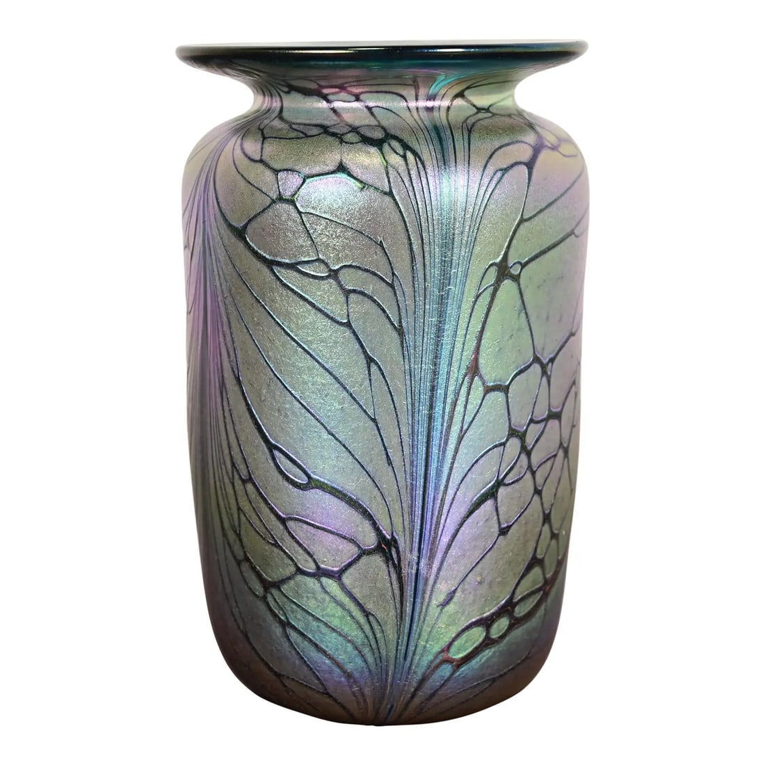 Loetz Style Art Nouveau Iridescent Art Glass Vase: A gorgeous Art Nouveau style iridescent art glass vase In the manner of Loetz USA, Circa Late 20th Century Measures: 4"W x 4"D x 6.25"H. Very good original vintage condition. See less