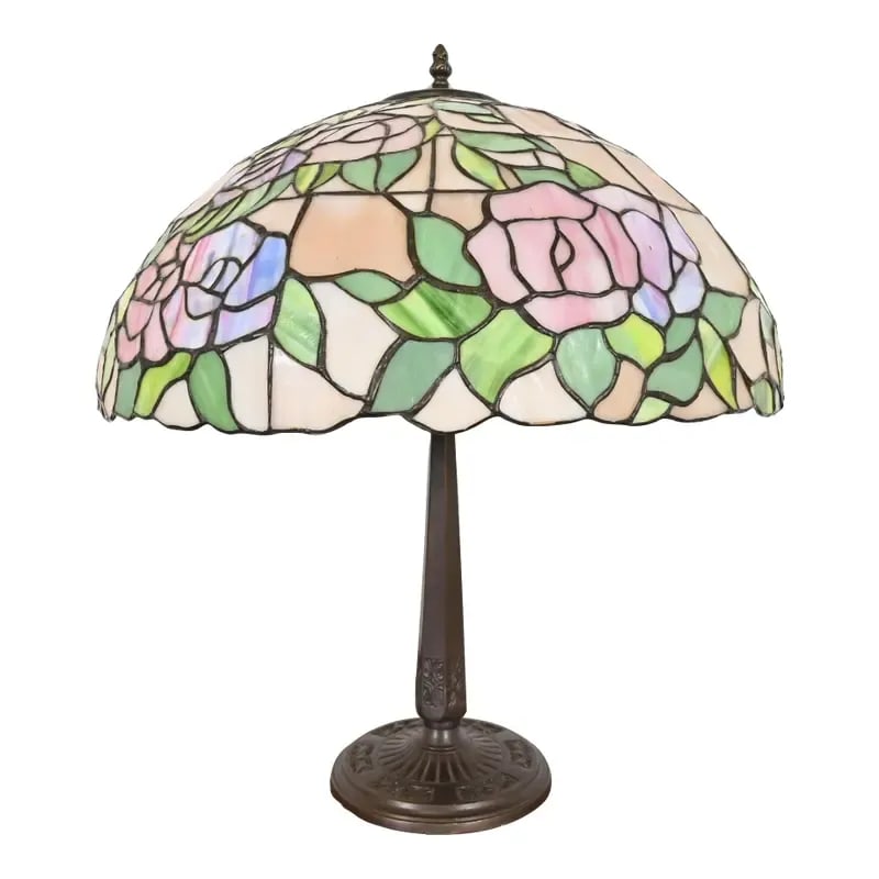 Tiffany Studios Style Arts & Crafts Table Lamp With Pink Rose Stained Glass Shade: A gorgeous Arts & Crafts style table lamp with pink rose stained glass shade In the manner of Tiffany Studios USA, Circa Late 20th Century Measures: 20.5"W x 20.5"D x 24"H. Very good original vintage 