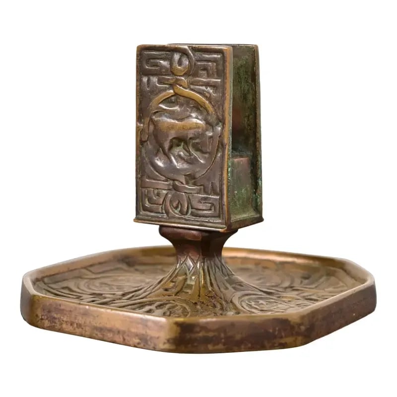 Tiffany Studios New York Zodiac Bronze Match Box Holder: A gorgeous antique Arts & Crafts or Art Deco period bronze match box holder featuring symbols of the Zodiac By Tiffany Studios (signed on the side) New York, USA, Early 20th Century Measures: 4.5"W x 