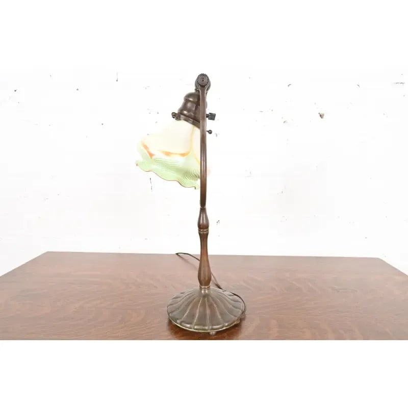 Tiffany Studios New York Bronze Harp Desk Lamp With Pulled Feather Favrile Glass Shade - 11