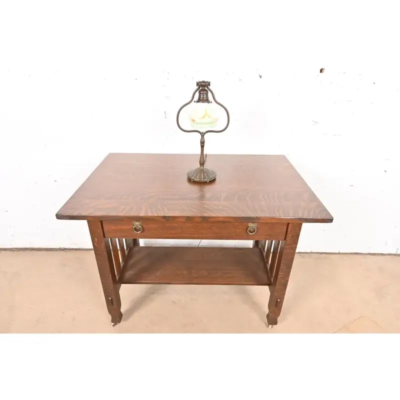 Tiffany Studios New York Bronze Harp Desk Lamp With Pulled Feather Favrile Glass Shade - 14